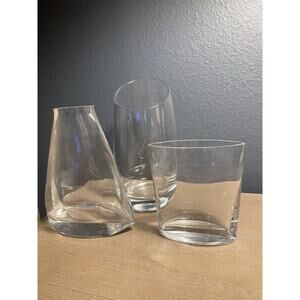 Set of 3 Modern Asymmetrical Clear Glass Vases Slanted Rim Centerpiece Decor